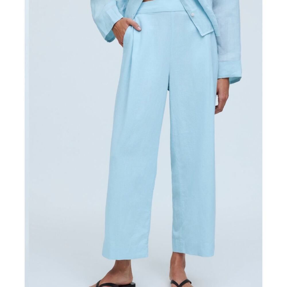 Madewell Tall Pull On Straight Crop Pants Linen Viscose Blend Blue Heron 6 Tall